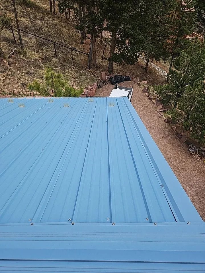 Blue ribbed metal roof panels on a building beside a pine-covered slope