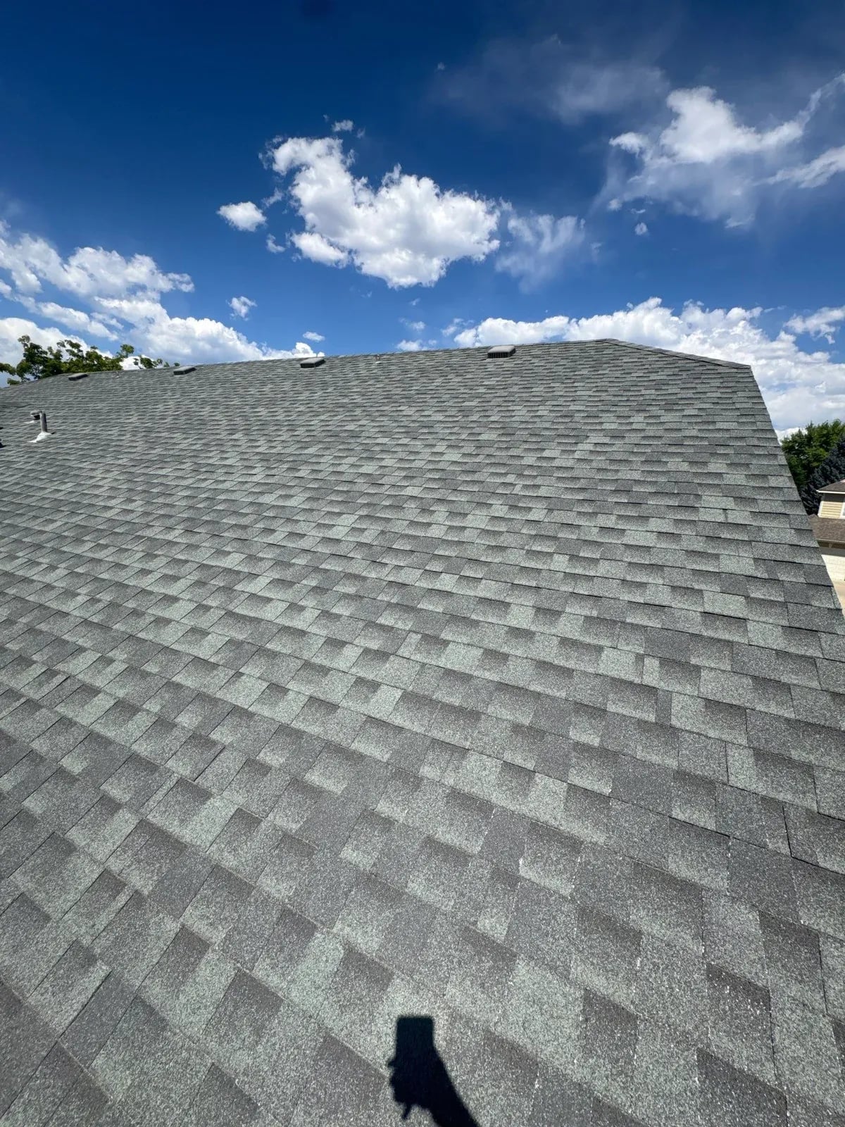 Gray architectural shingle roof slope with box vents along the ridge