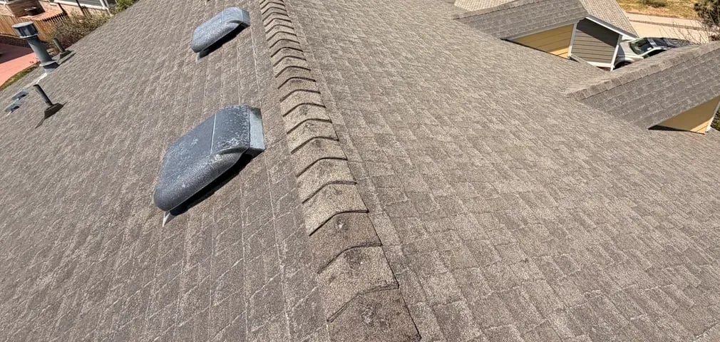 Weathered wood shingle roof ridge with a row of box vents
